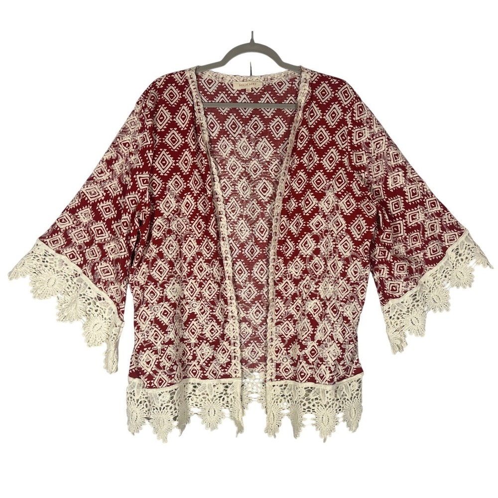 Solitaire Embroidered Crochet Kimono Cardigan XL Red White Geometric Boho Aztec